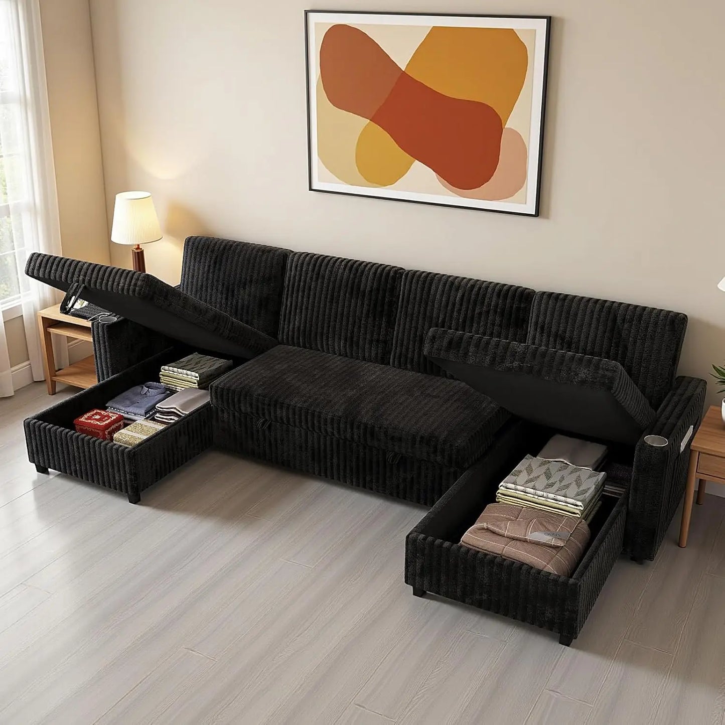 U Shaped Sleeper Sectional Sofa USB Pullout Bed And Storage