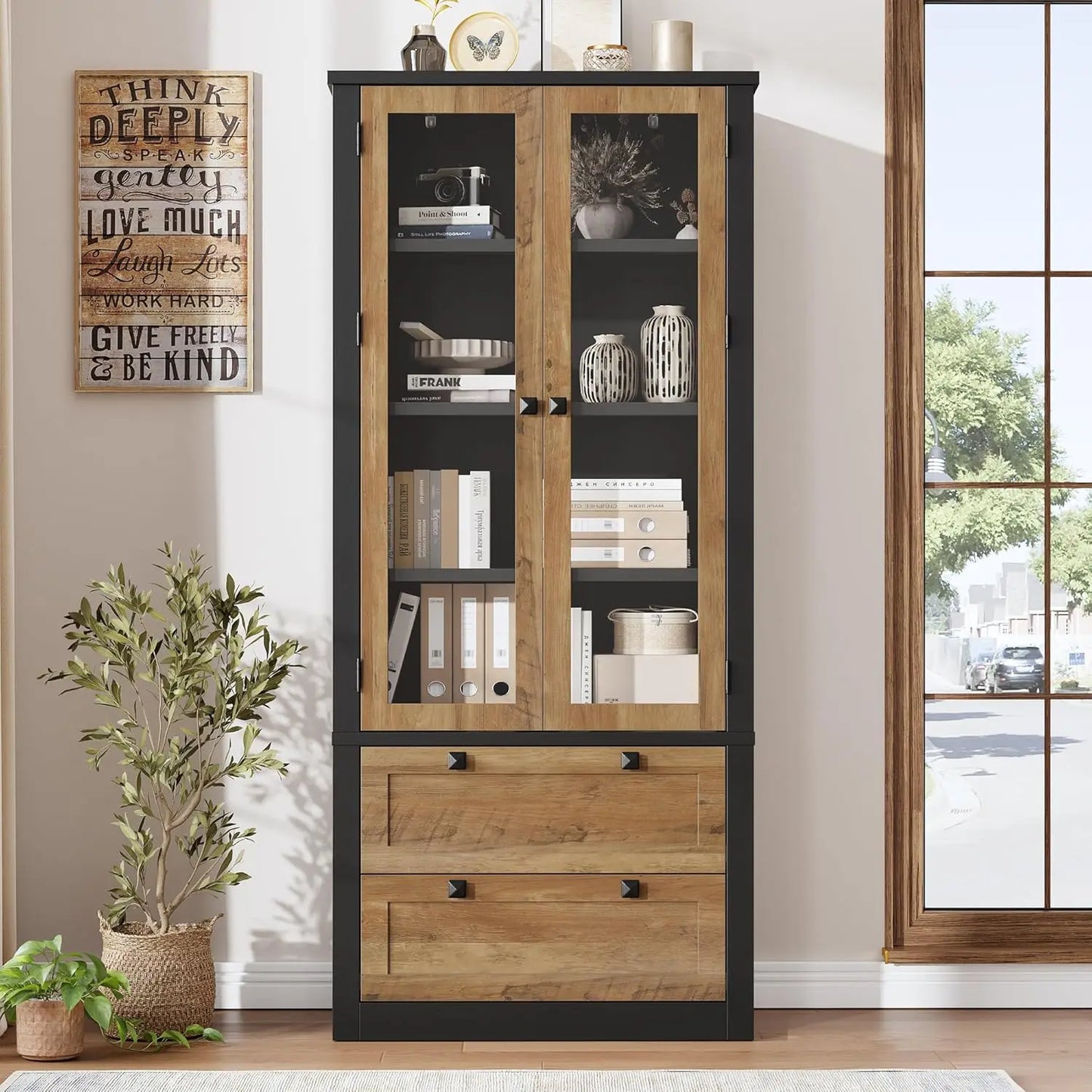 HiMISS Modern Kitchen Pantry Cabinet With Glass Doors