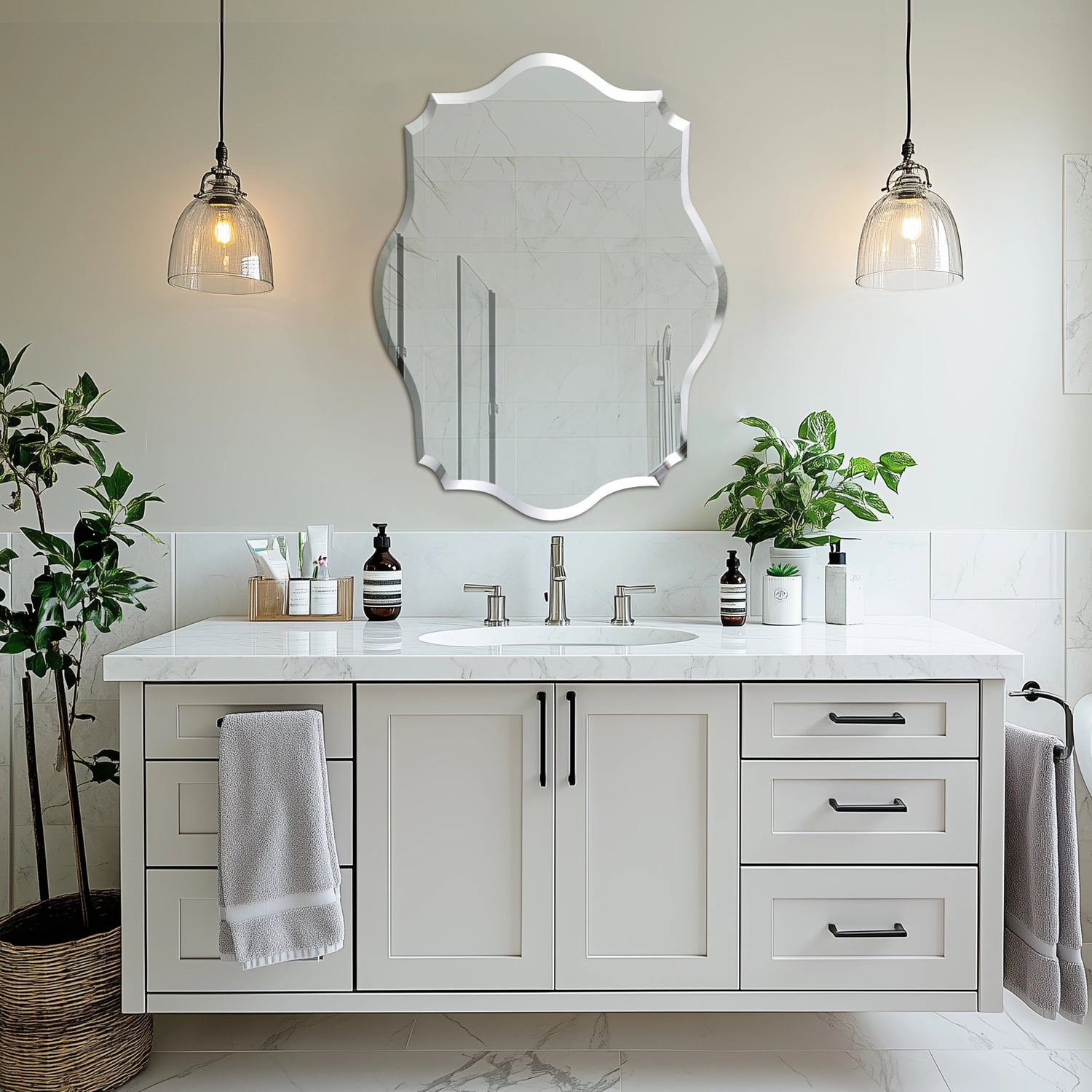 Wisfor Wall Mirror Scalloped Frameless Beveled Edge Polished For Bathroom