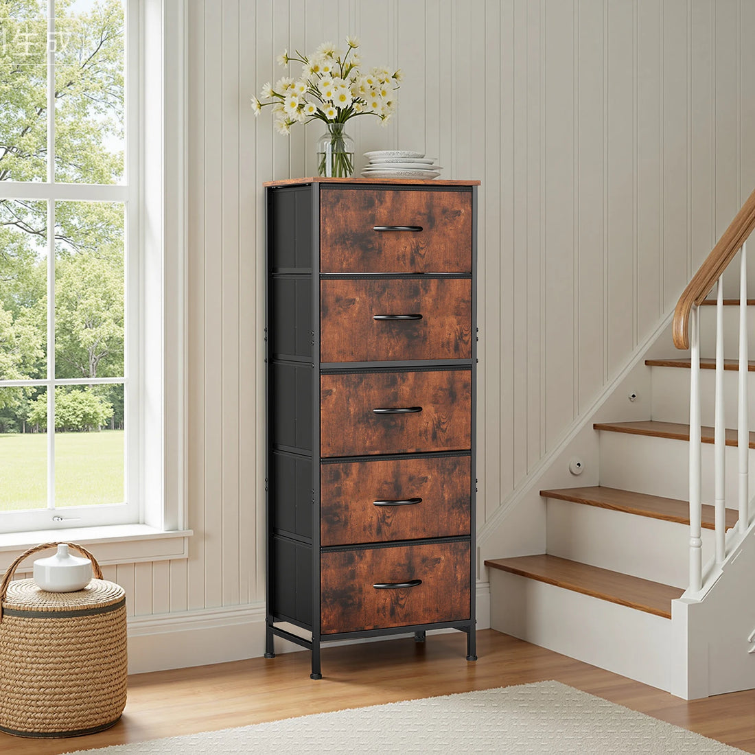 JHK Bedroom Dresser With Five Fabric Drawers And Steel Frame