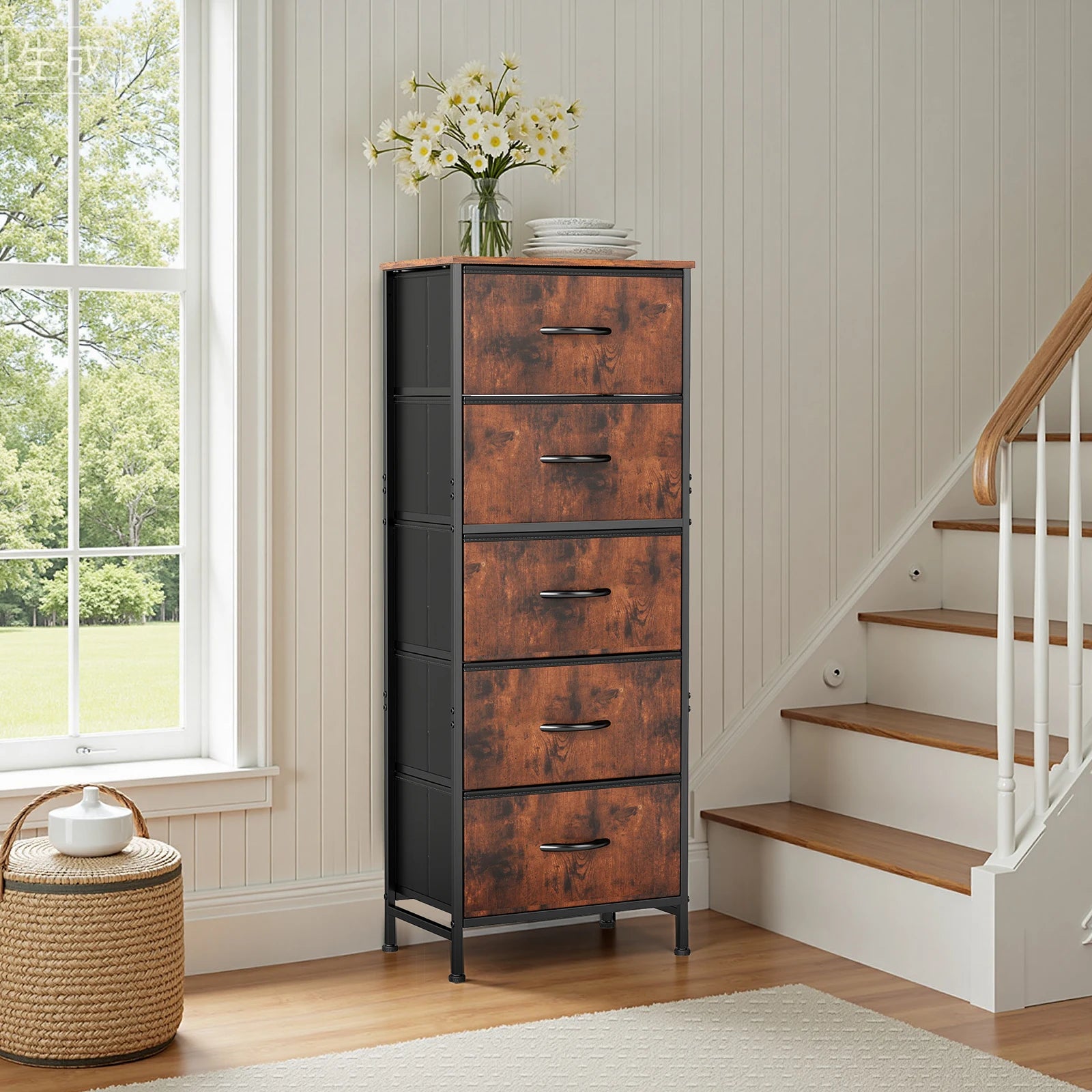 JHK Bedroom Dresser With Five Fabric Drawers And Steel Frame