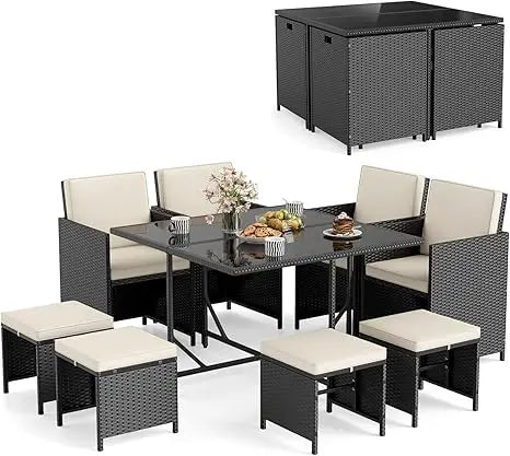 Outdoor 9 Piece Patio Dining Set With Rattan Chairs Table