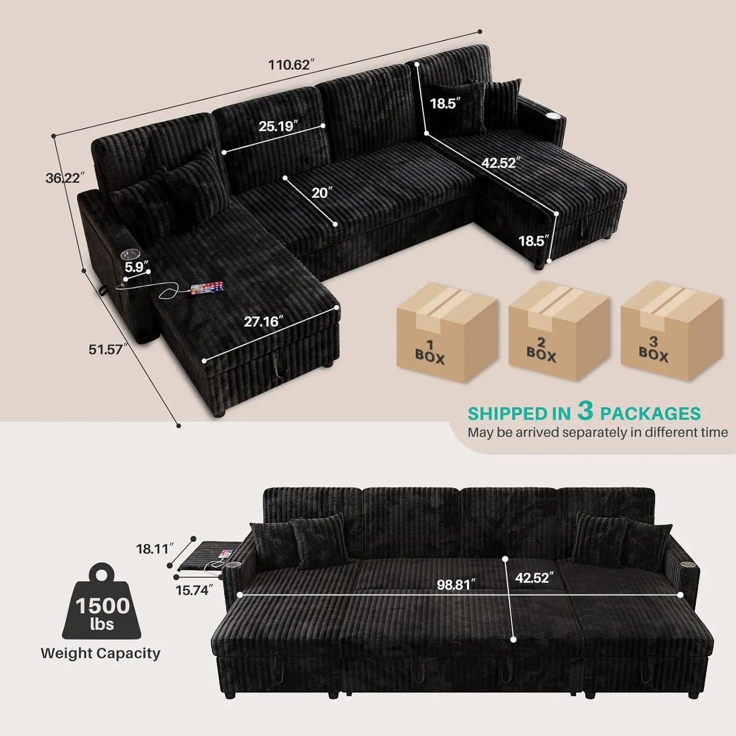 U Shaped Sleeper Sectional Sofa USB Pullout Bed And Storage