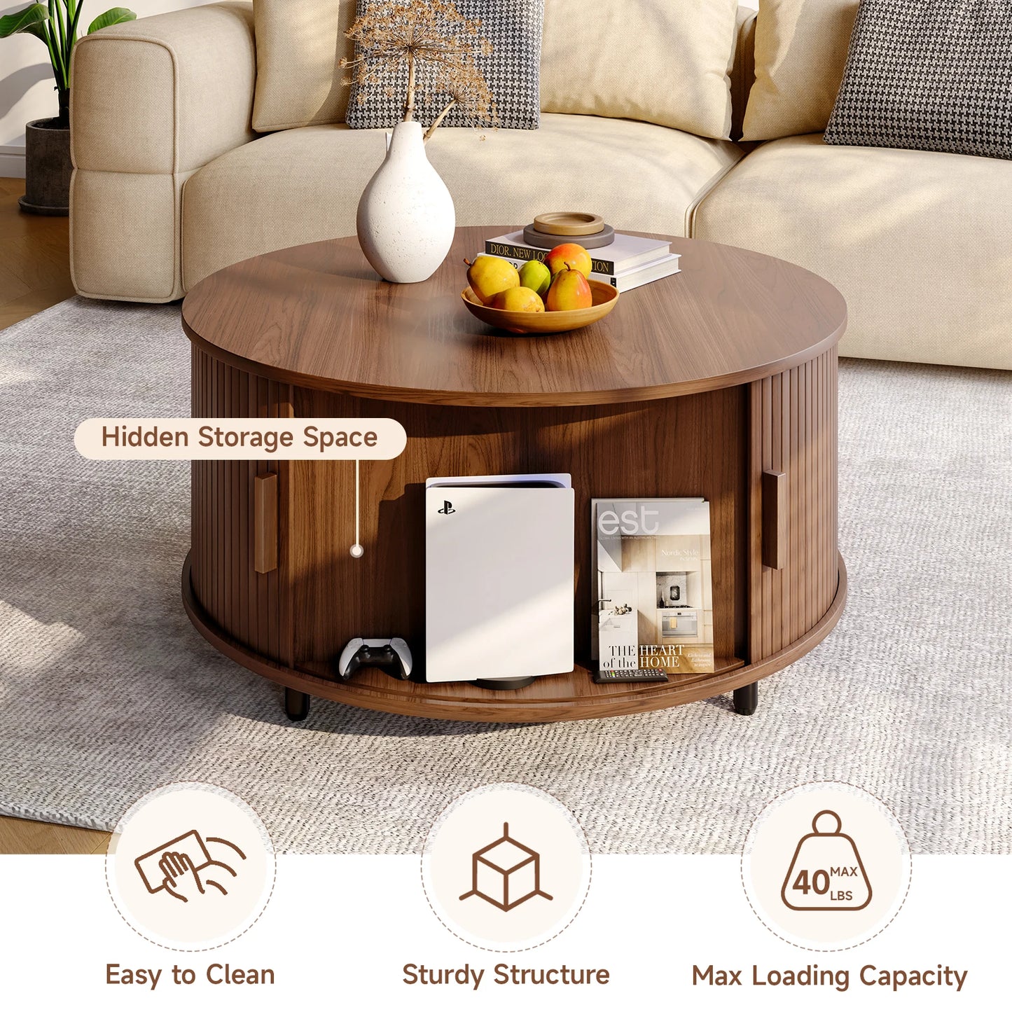ONBRILL Round Coffee Table With Storage Curved Sliding Door
