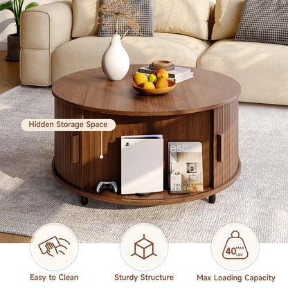 ONBRILL Round Coffee Table With Storage Curved Sliding Door