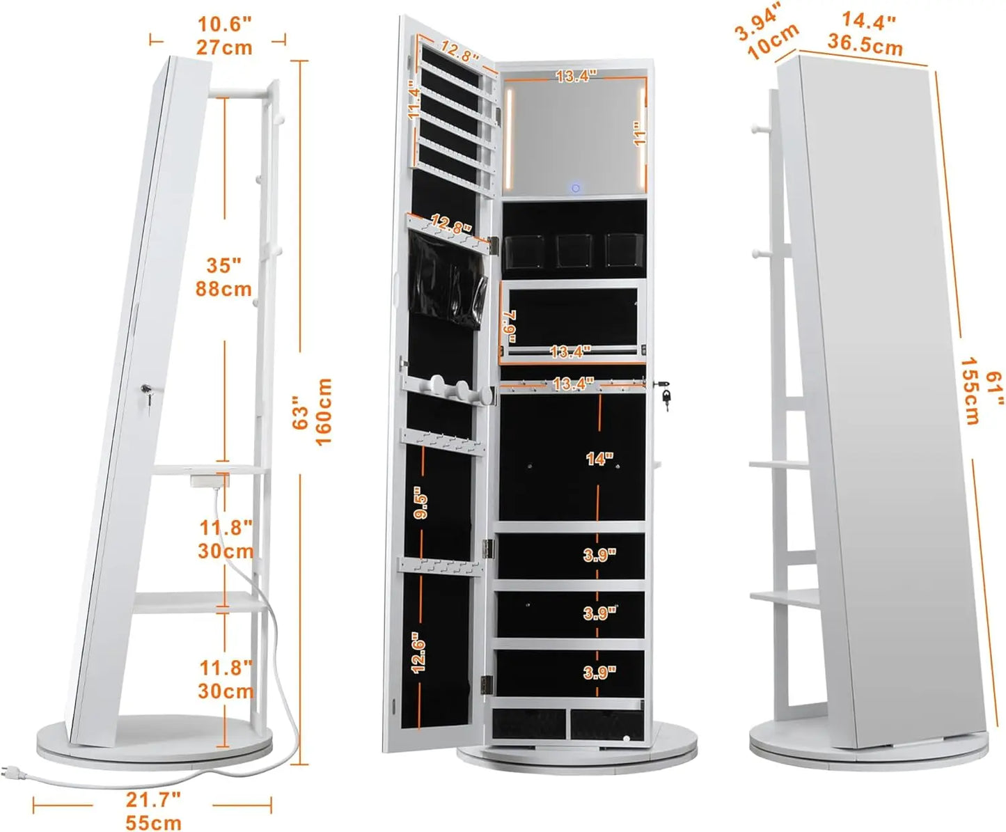 Ironck 360 Degree Swivel Mirrored Jewelry Cabinet With LED Lights