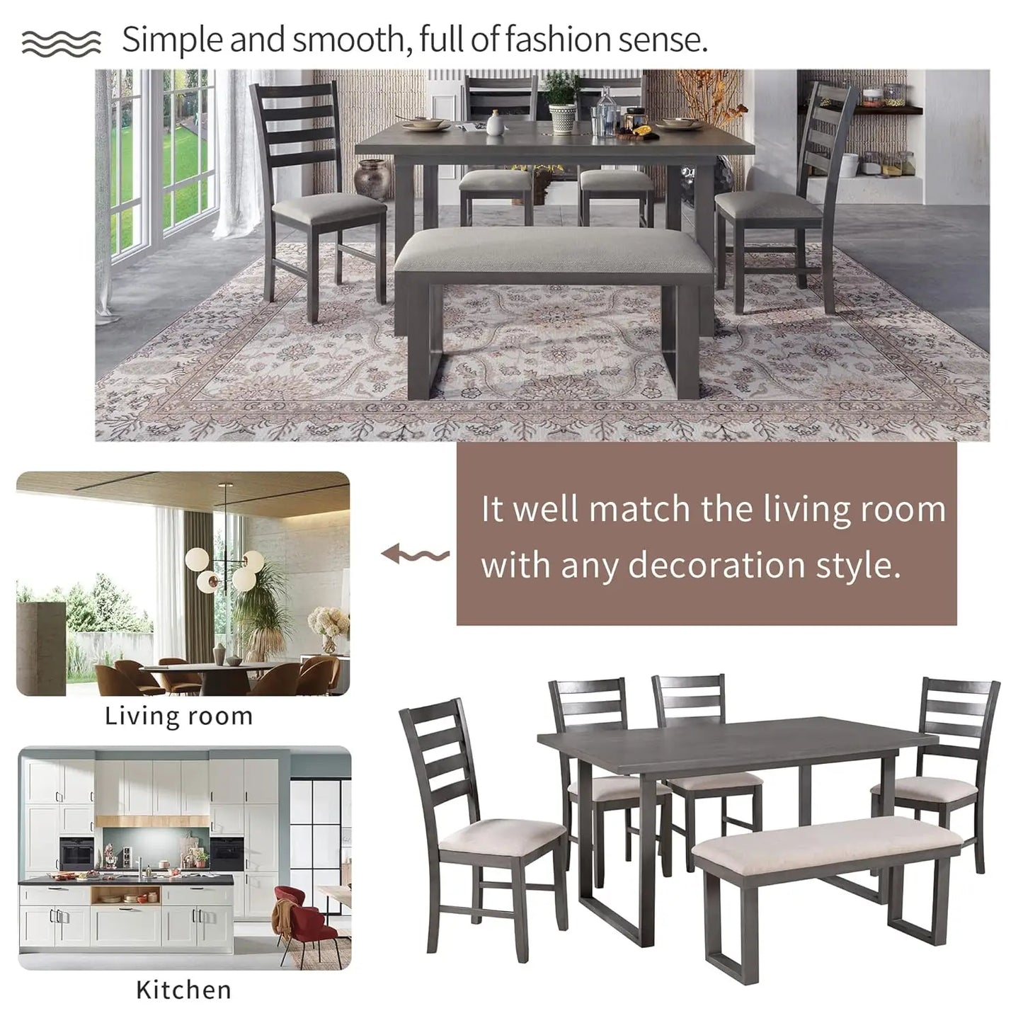 Country Rustic Dining Set With Rectangular Table And Upholstered Chairs