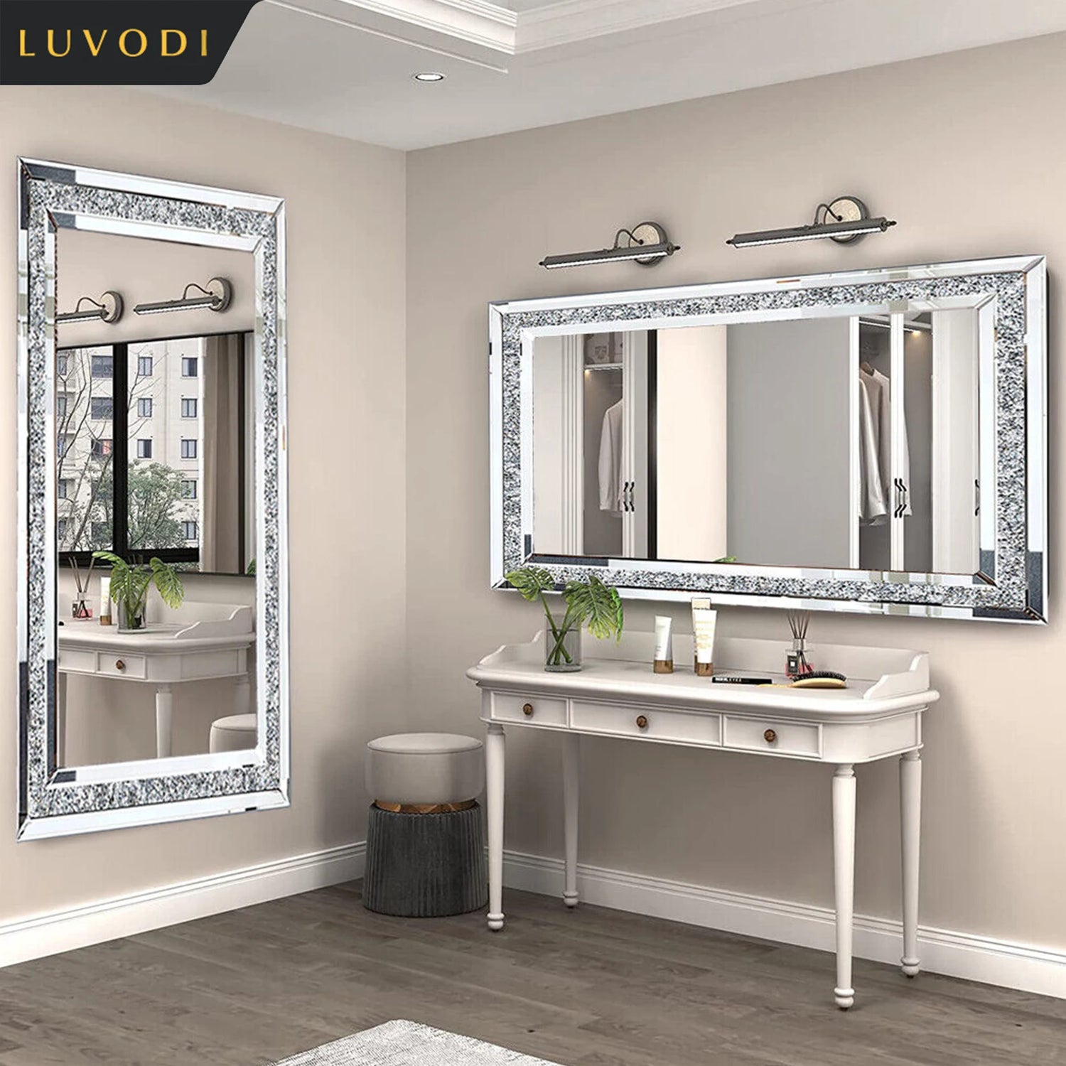 LUVODI Sparkly Crystal Rhinestone Frameless Vanity Mirror