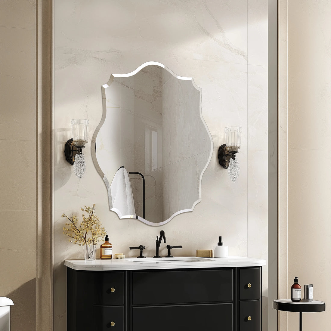 Wisfor Scalloped Frameless Beveled Glass Wall Mirror Modern Bathroom Decor