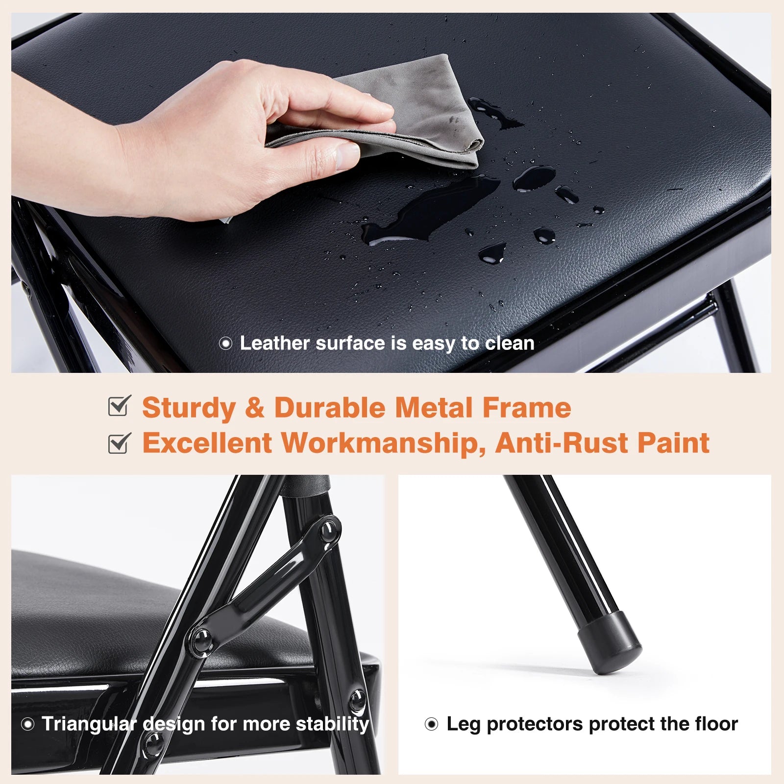 JHK Leather Padded Folding Chairs Four Pack Sturdy Metal