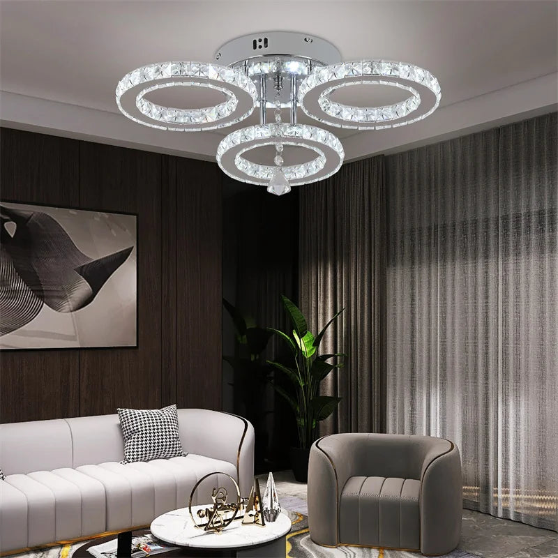 GreeLustr Crystal Led Rings Chandeliers Mirror Stainless Steel Ceiling Fixtures