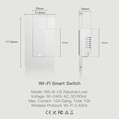 MOES Tuya WiFi Smart Light Switch Single Pole Push Button