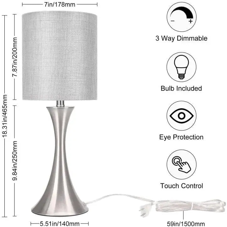 3-Way Touch Table Lamp, Metal Base, Dimmable Bedside LED Included