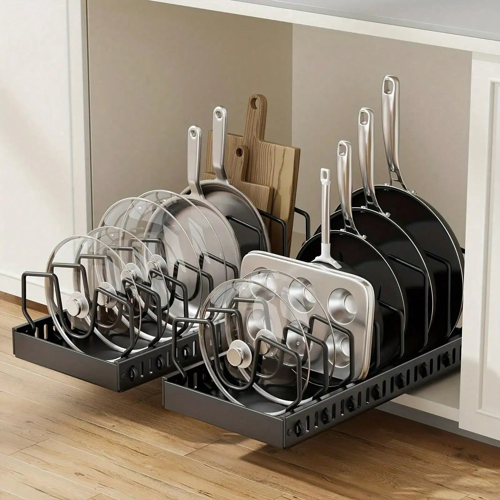 Premium Stainless Steel Pull Out Pot Lid Organizer Rack