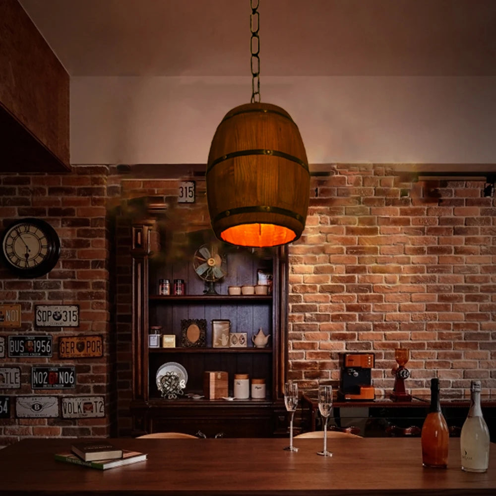 Retro Wood Wine Barrel Pendant Light Industrial Ceiling Lamp Chandelier