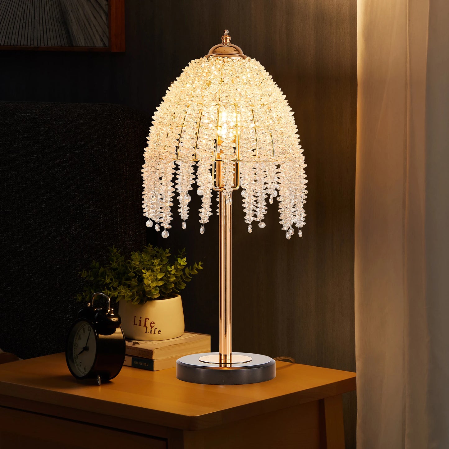 Elegant Crystal Table Lamp With Bead String Shade Elegance