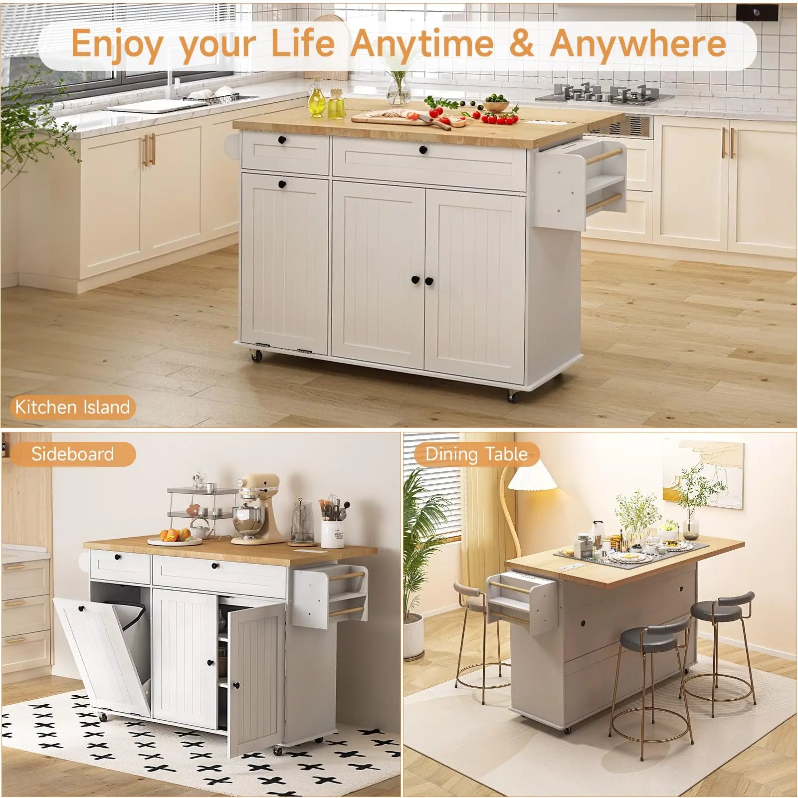 ONBRILL Rolling Kitchen Island With Power Outlet And Spice Rack
