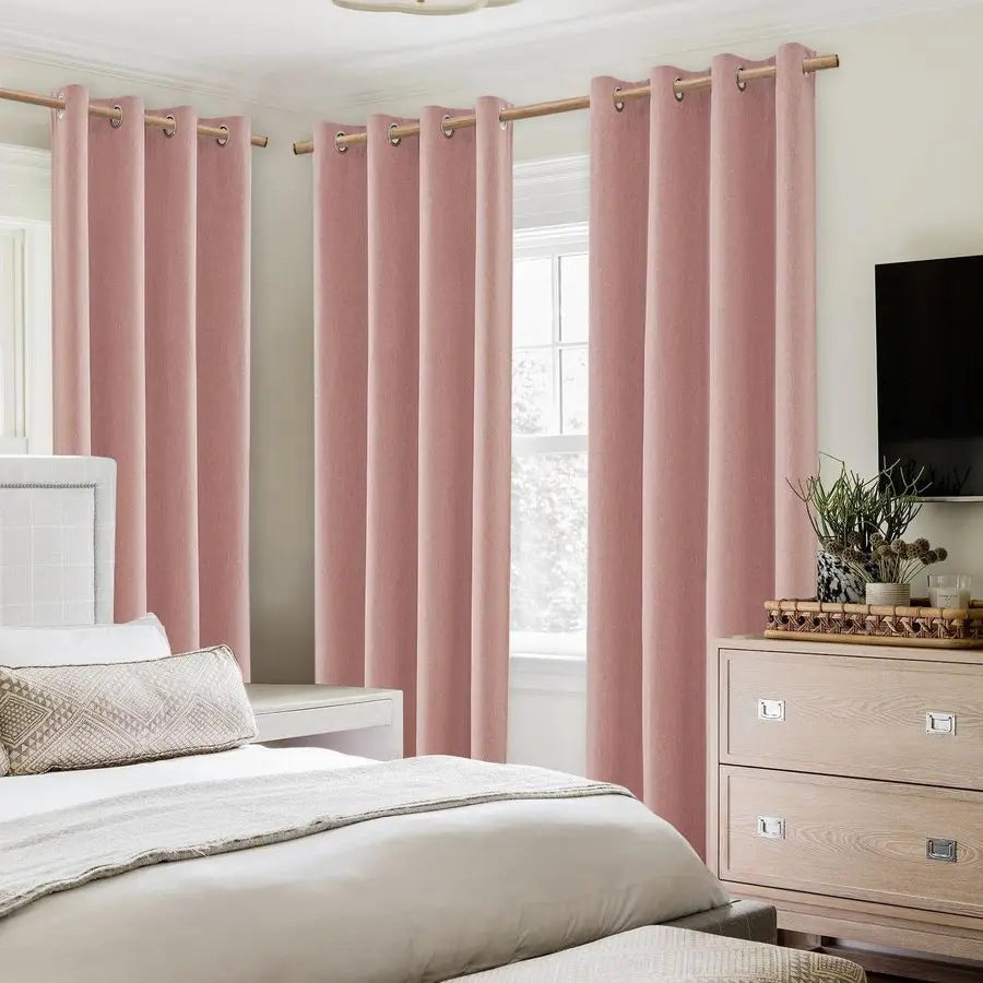 Blackout Curtains Three Panels Thick Linen Blend Textured Drapes