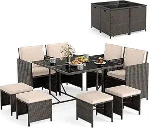 Outdoor 9 Piece Patio Dining Set With Rattan Chairs Table