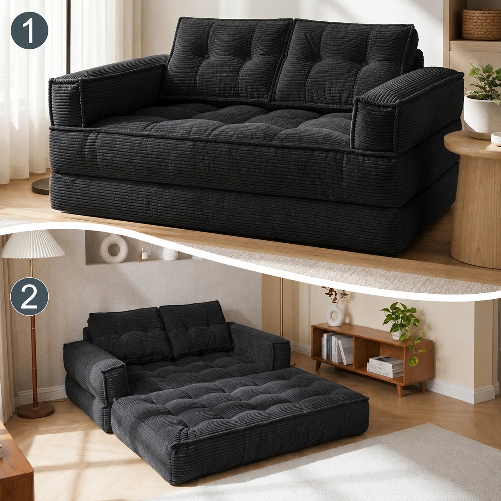 Modern Corduroy Sofa With Chaise And Convertible Floor Couch