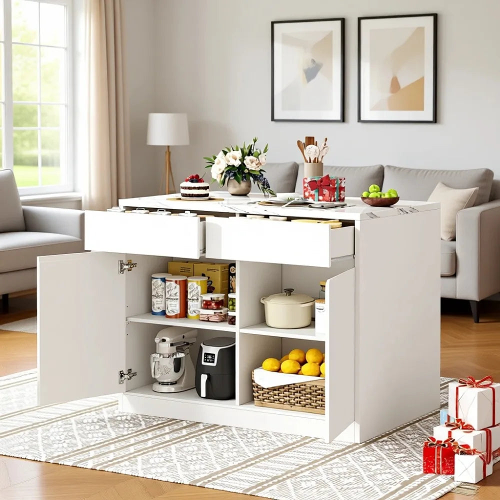 Modern Kitchen Island Faux Marble Countertop With Storage Drawers