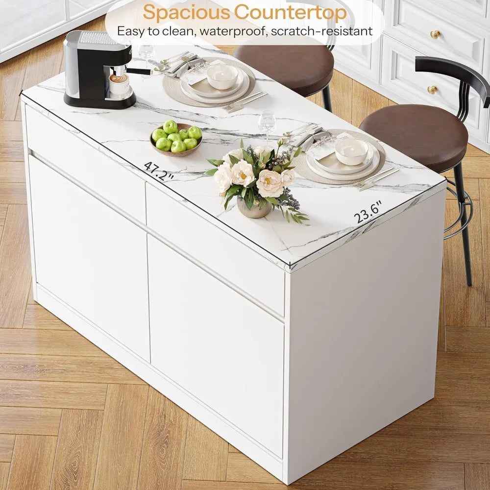 Modern Kitchen Island Faux Marble Countertop With Storage Drawers