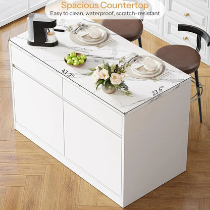 Modern Kitchen Island Faux Marble Countertop With Storage Drawers