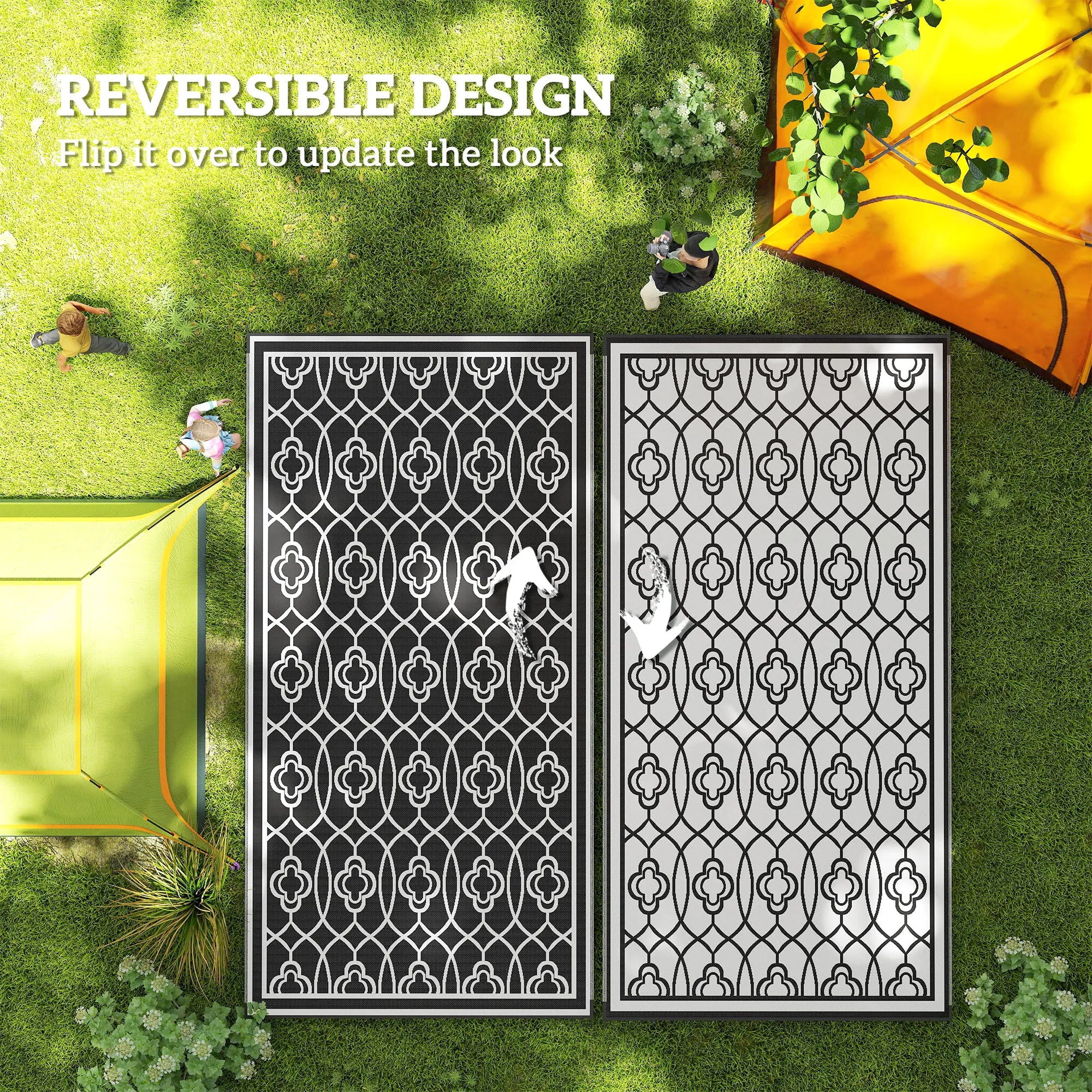 Modern Geometric Black And White Lantern Outdoor Polypropylene Floor Rug