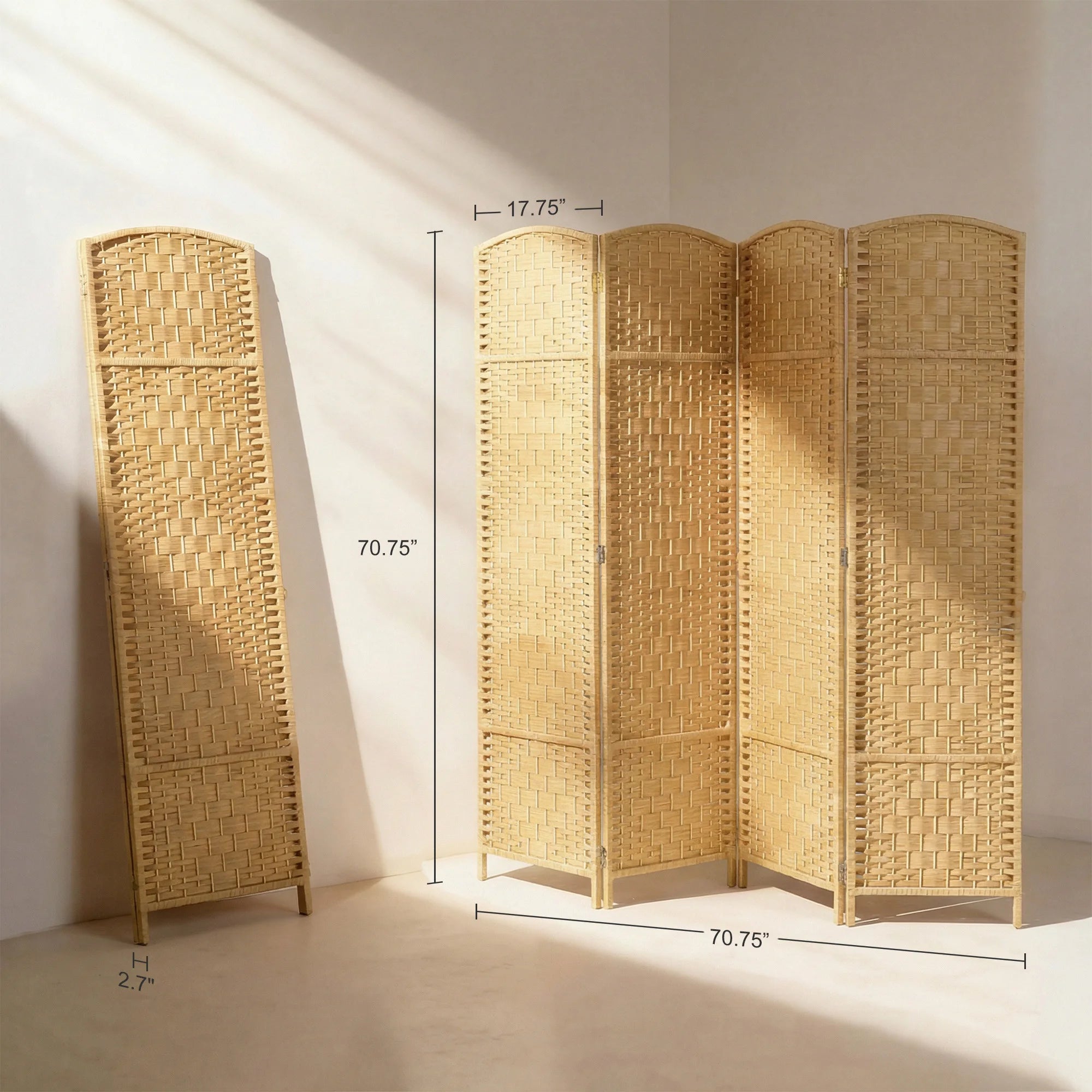 Freestanding Four Panel Folding Room Divider With Pine Wood Frame