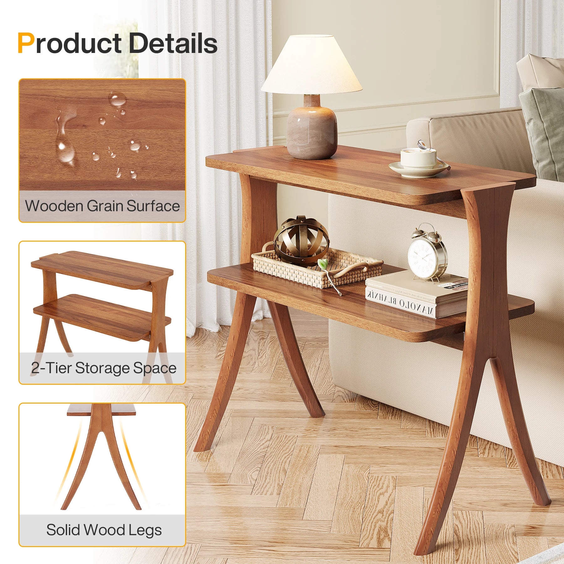 Tribesigns Side Table With 2-Tier Storage Solid Wood Legs
