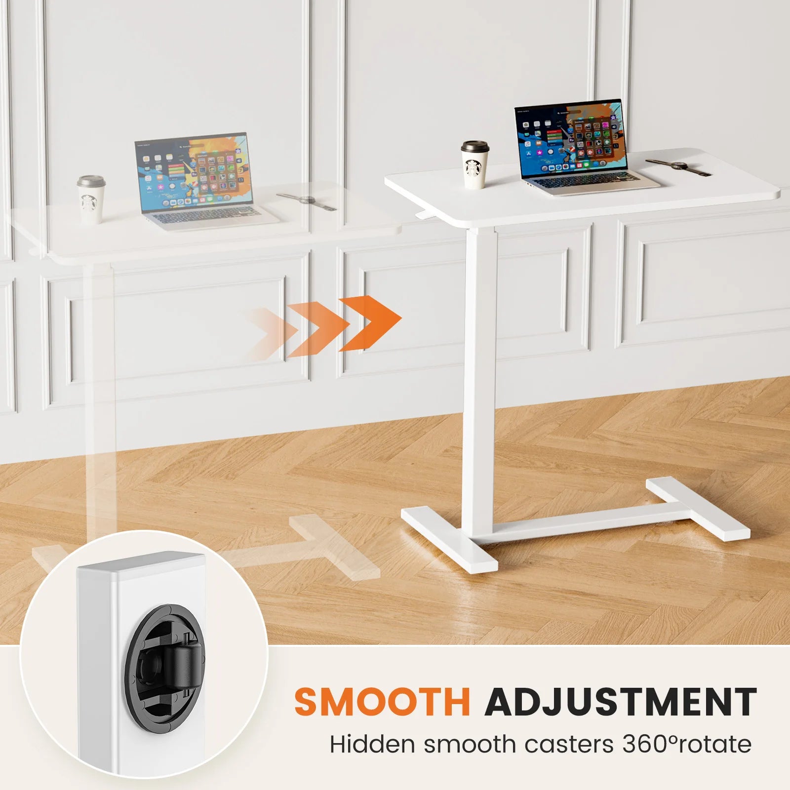 JHK Overbed Bedside Table With Hidden Wheels And Adjustable Height