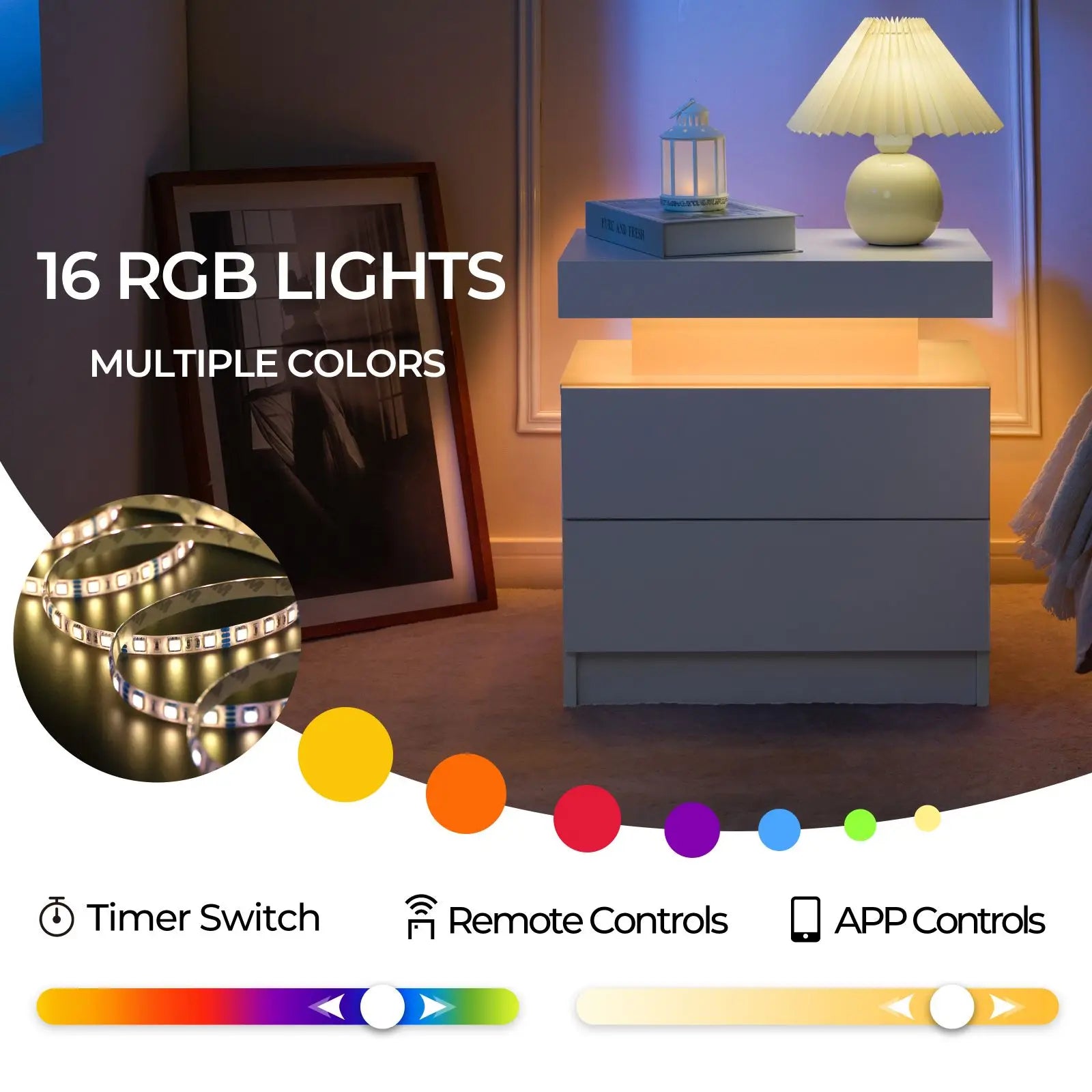 Cubehom LED Nightstands Set Of Two With Drawers Bedside Tables