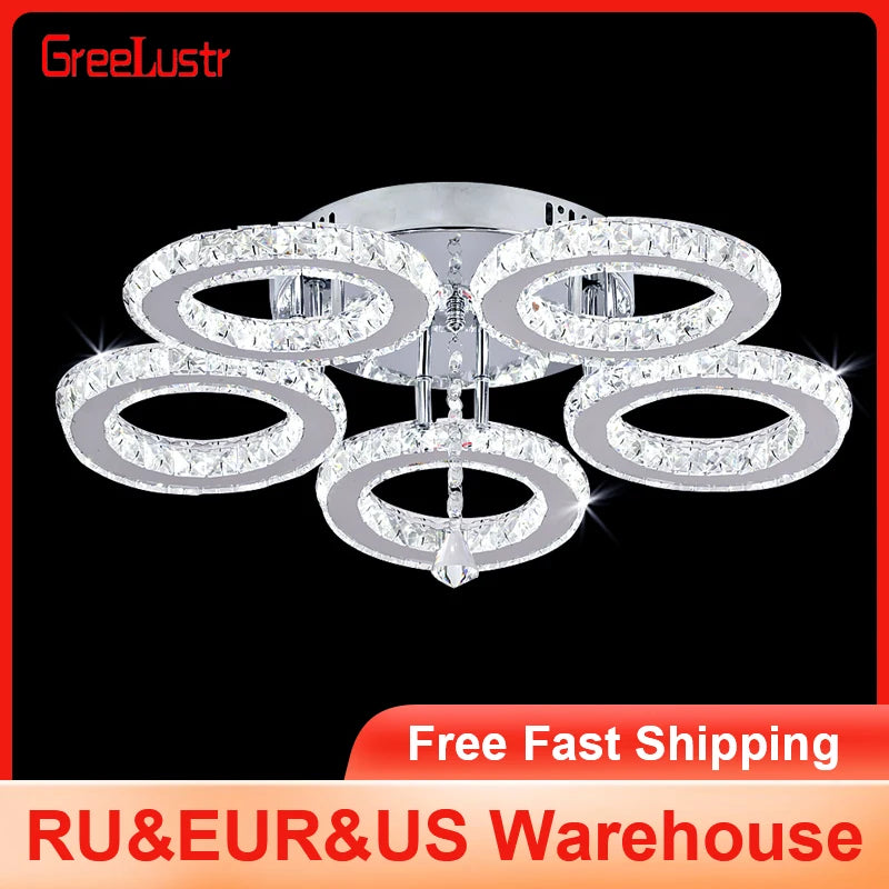 GreeLustr Crystal Led Rings Chandeliers Mirror Stainless Steel Ceiling Fixtures