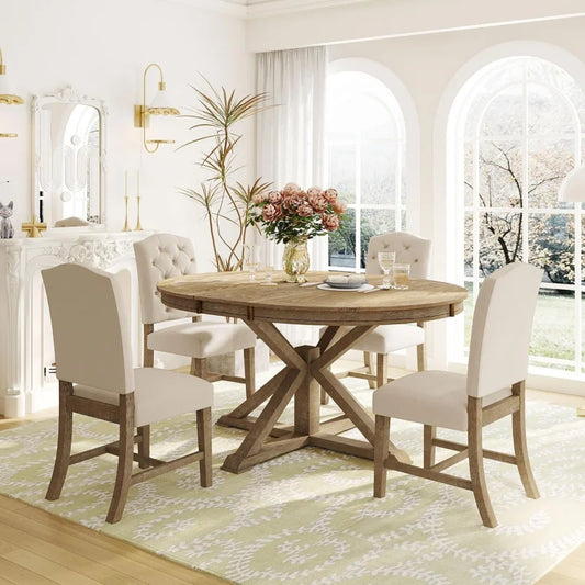 Solid Wood 5-Piece Extendable Dining Table Set With Upholstered Chairs