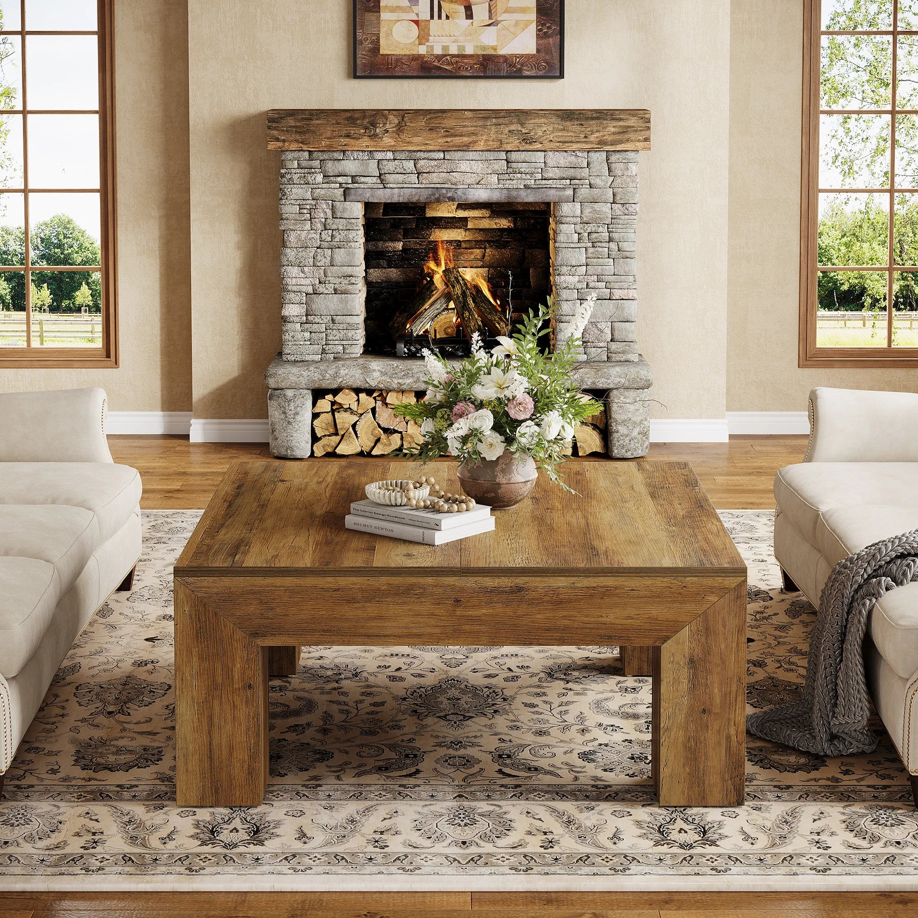 Tribesigns Square Coffee Table Farmhouse Center Table With Wooden Legs