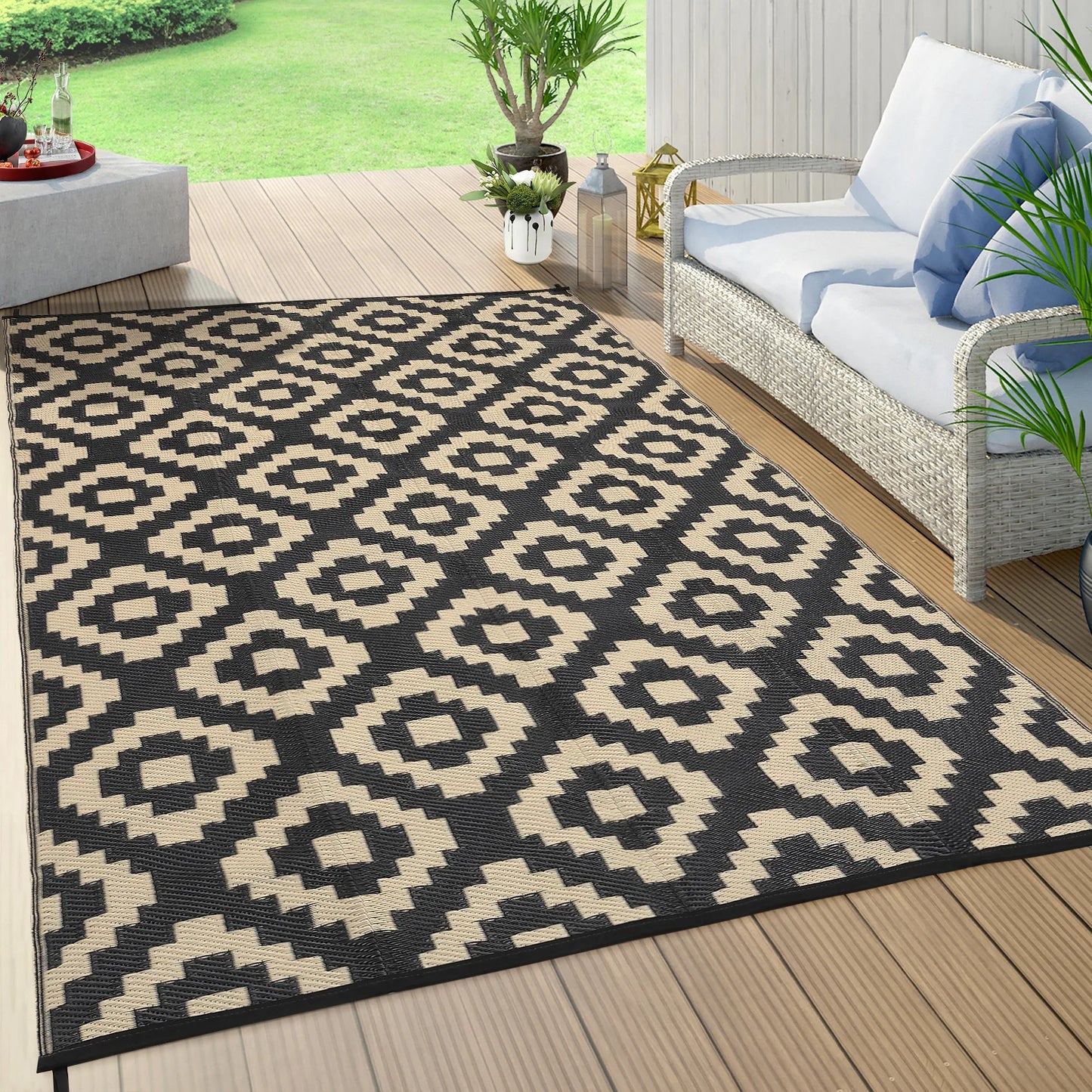 StudysetCN Outdoor Plastic Straw Geometric Rug Waterproof Reversible For Patio