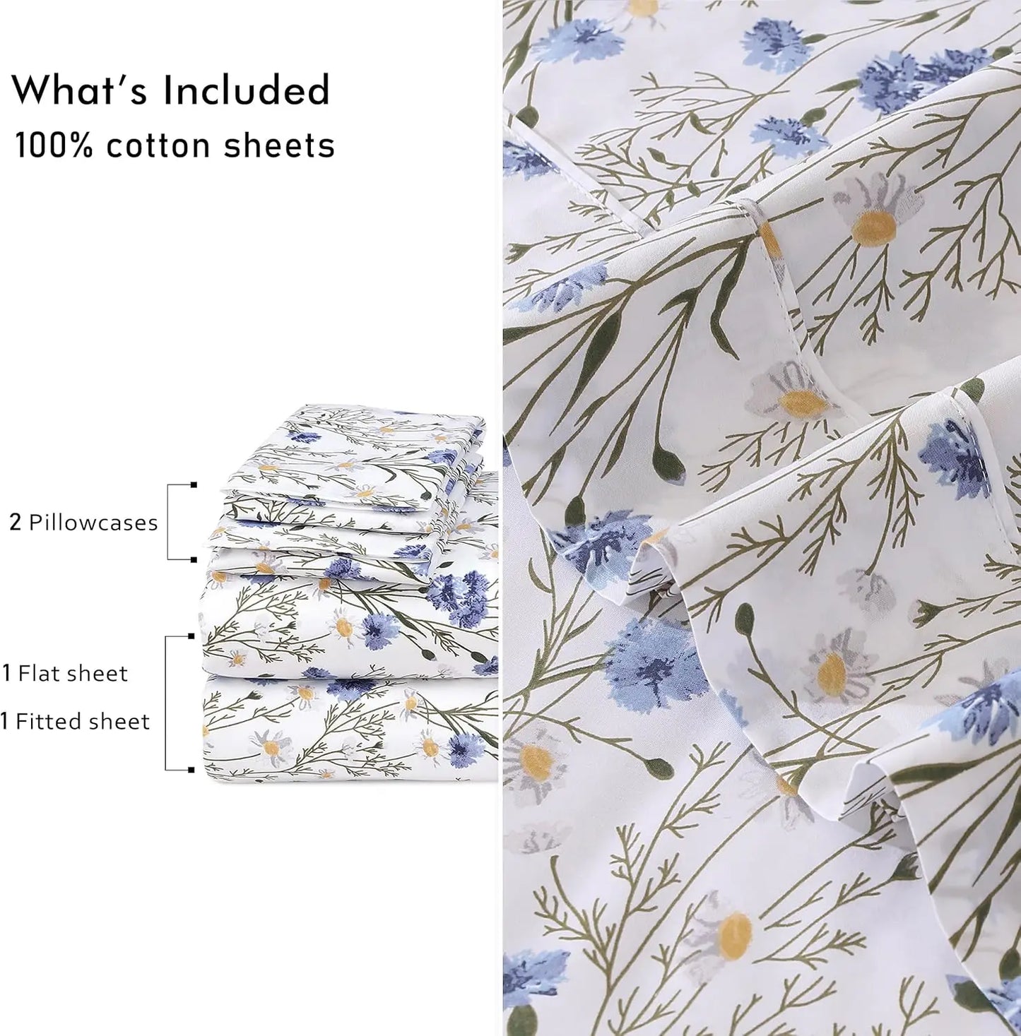 Cotton Percale Sheets Set With Floral Design And Deep Pocket