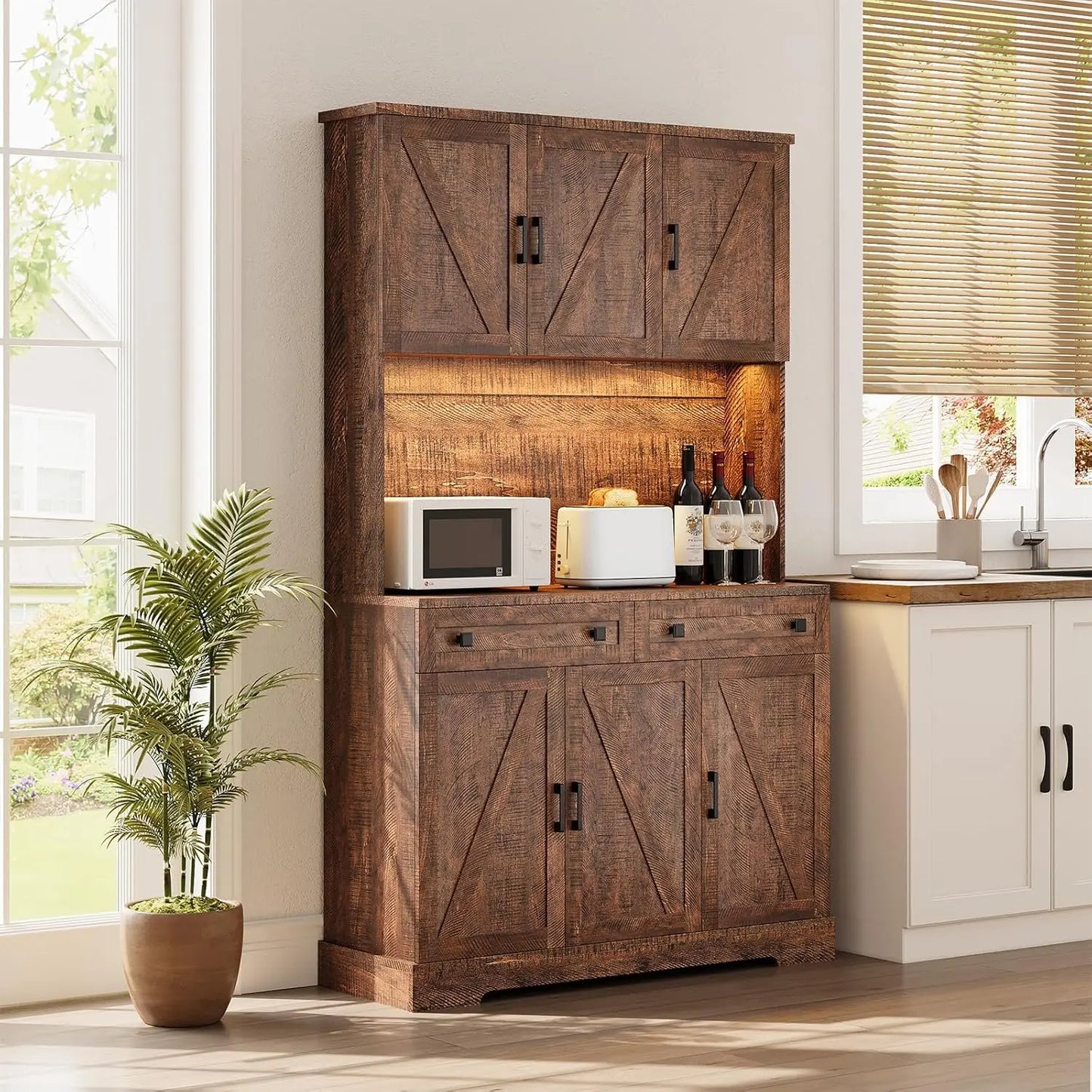 GUANGBAI Kitchen Pantry Cabinet With Charging Station And LED Lights