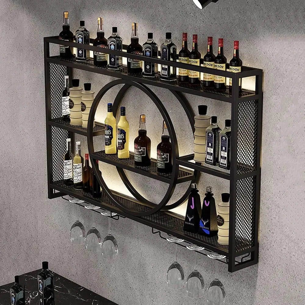 Wall Mounted Wine Rack With LED Light And Glass Holder