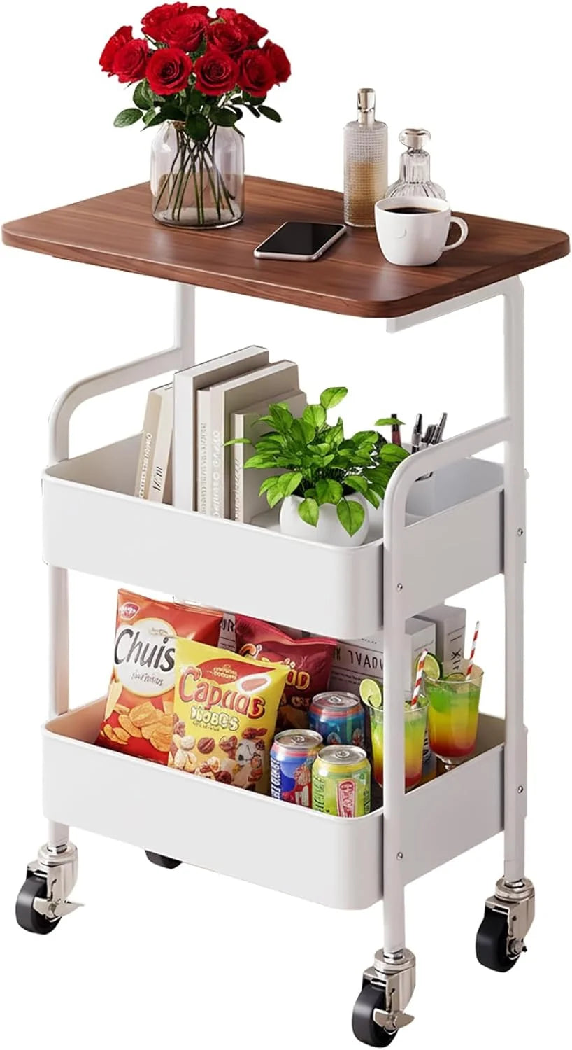 Three-Tier Metal Rolling Storage Cart With Wood Top