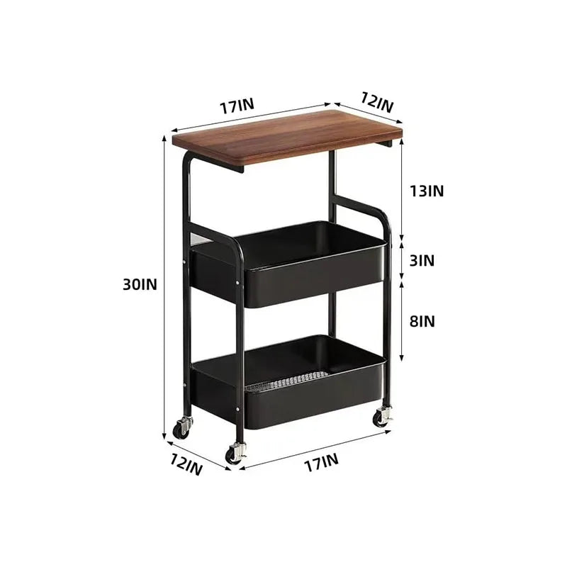 Three-Tier Metal Rolling Storage Cart With Wood Top