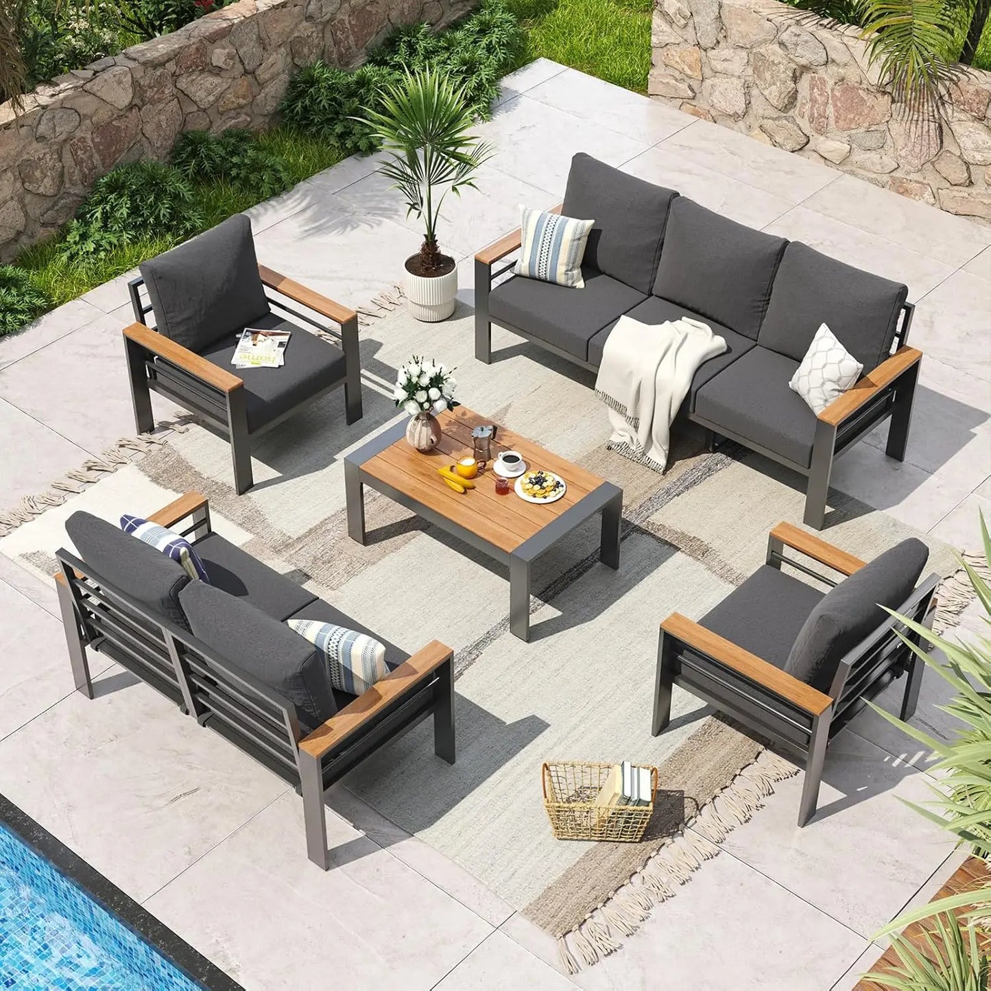 Aluminum Patio Furniture Set 7 Seats Outdoor Sectional Washable Cushions