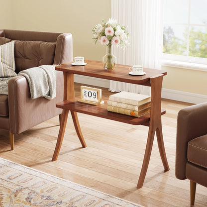 Tribesigns Side Table With 2-Tier Storage Solid Wood Legs