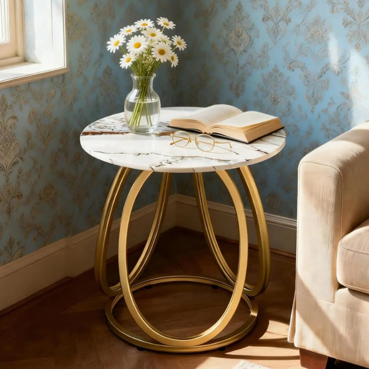 Marbled Stone Round Side Table With Metal Frame Living Room