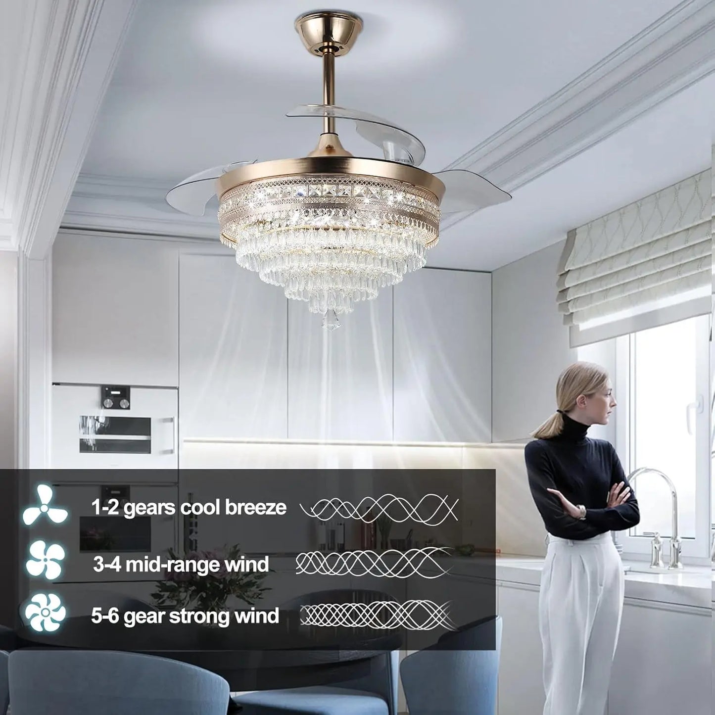 Dimmable LED Crystal Fandelier Ceiling Fan With Light