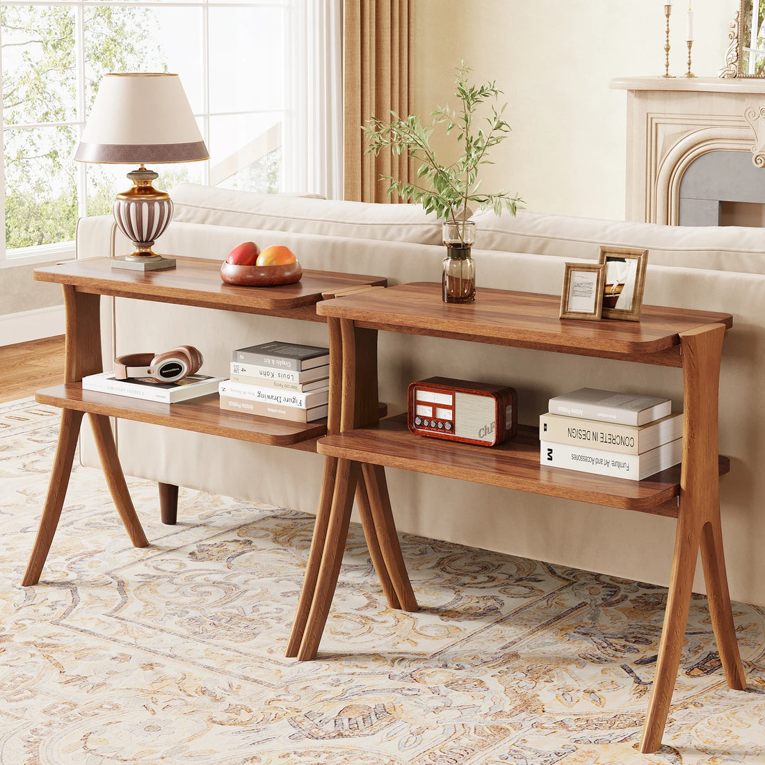 Tribesigns Side Table With 2-Tier Storage Solid Wood Legs