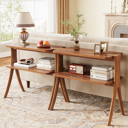 Tribesigns Side Table With 2-Tier Storage Solid Wood Legs