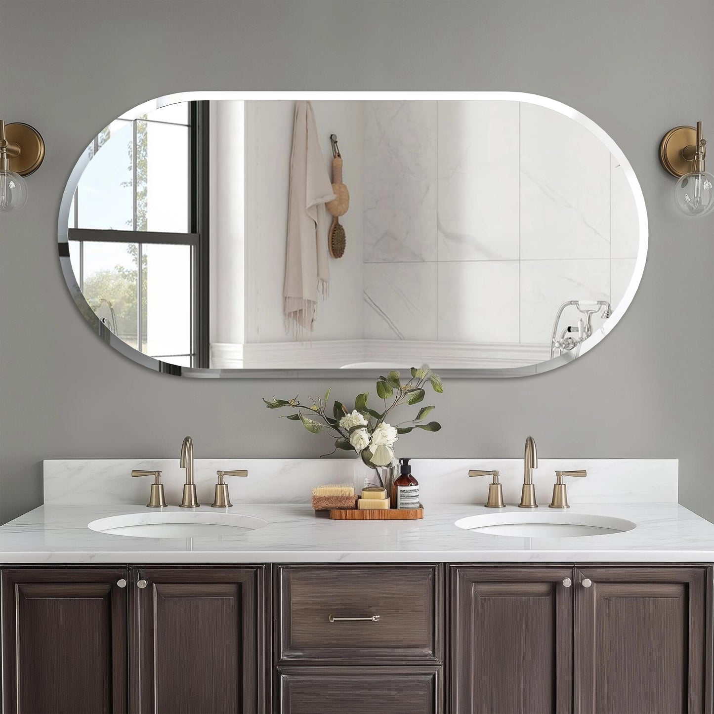 Wisfor Oval Frameless Beveled Mirror Over Sink Bathroom Vanity