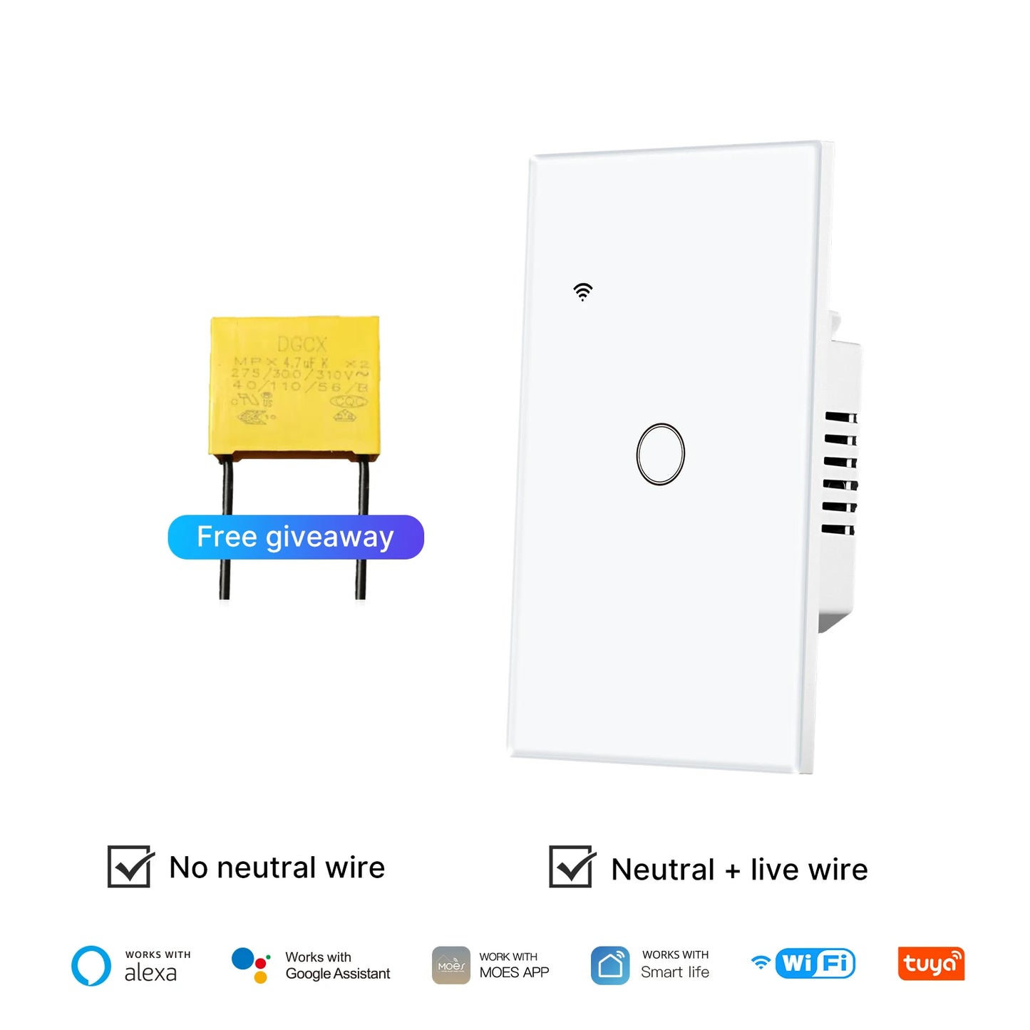 WiFi Smart Light Switch Glass Touch No Neutral Wire Works With Alexa Google Home