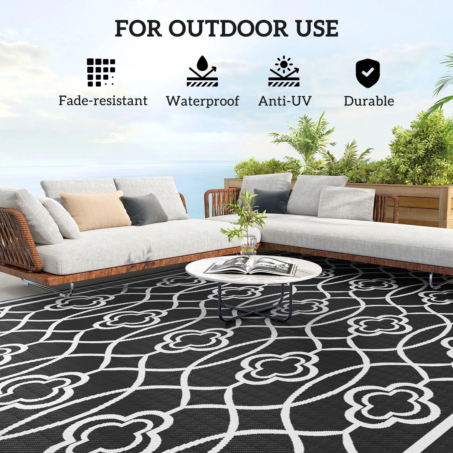 Modern Geometric Black And White Lantern Outdoor Polypropylene Floor Rug